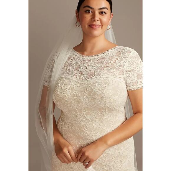 Melissa Sweet Ivory Champagne Short Sleeve Lace Train Wedding Dress Plus Sz 22W - Picture 3 of 12